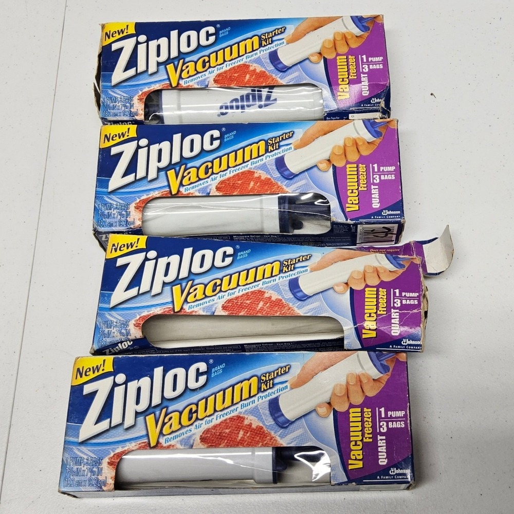 Ziploc Vacuum Starter Kit Manual Pump 4 Boxes‎ Quart Freezer Bags Blue White